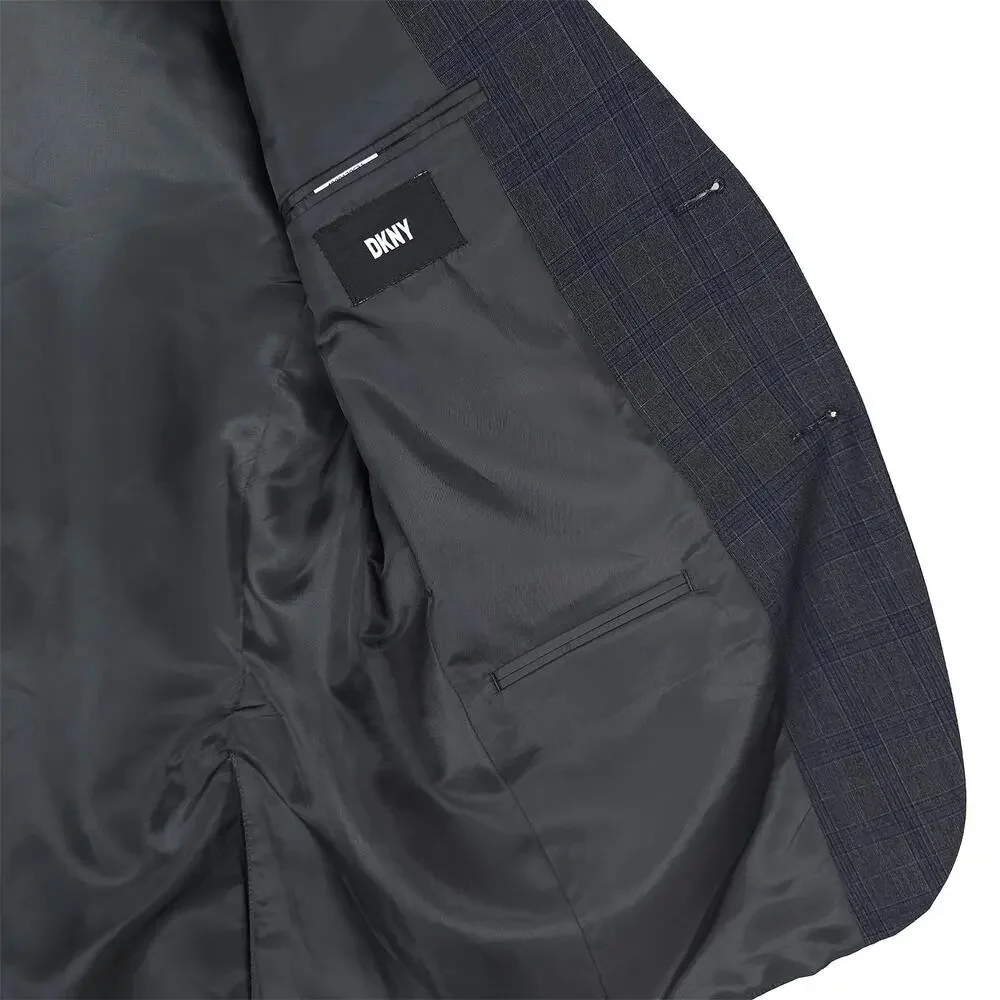 DKNY Mens Modern Fit Suit Jacket Blazer 40R Dark Grey Blue Plaid Stretch NWT